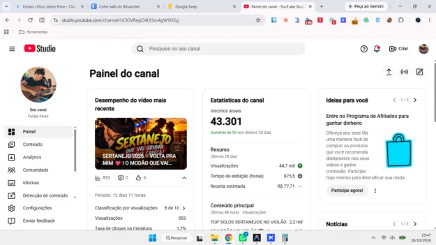 Conta YouTube de Músicas com 43K+ Inscritos - Monetizada | Alto Engajamento • Muito Ativa - Imagem Principal