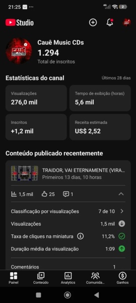 Conta YouTube de Músicas com 1K+ Inscritos - Monetizada | Alto Engajamento • Muito Ativa